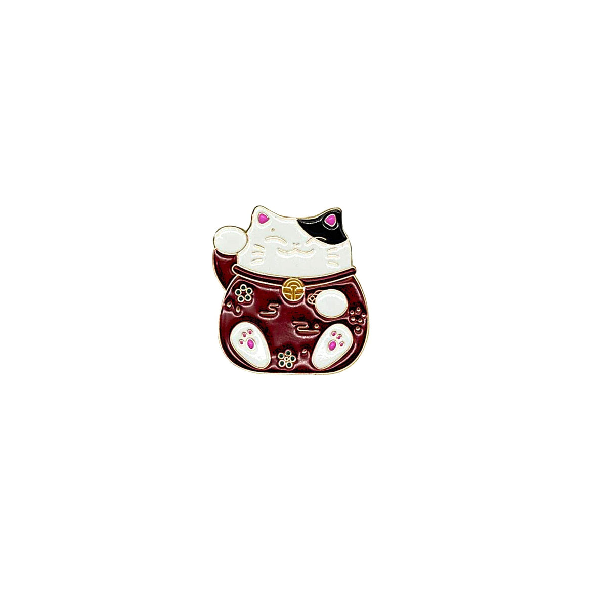 Lucky cat shaped brooch with red base on a white background