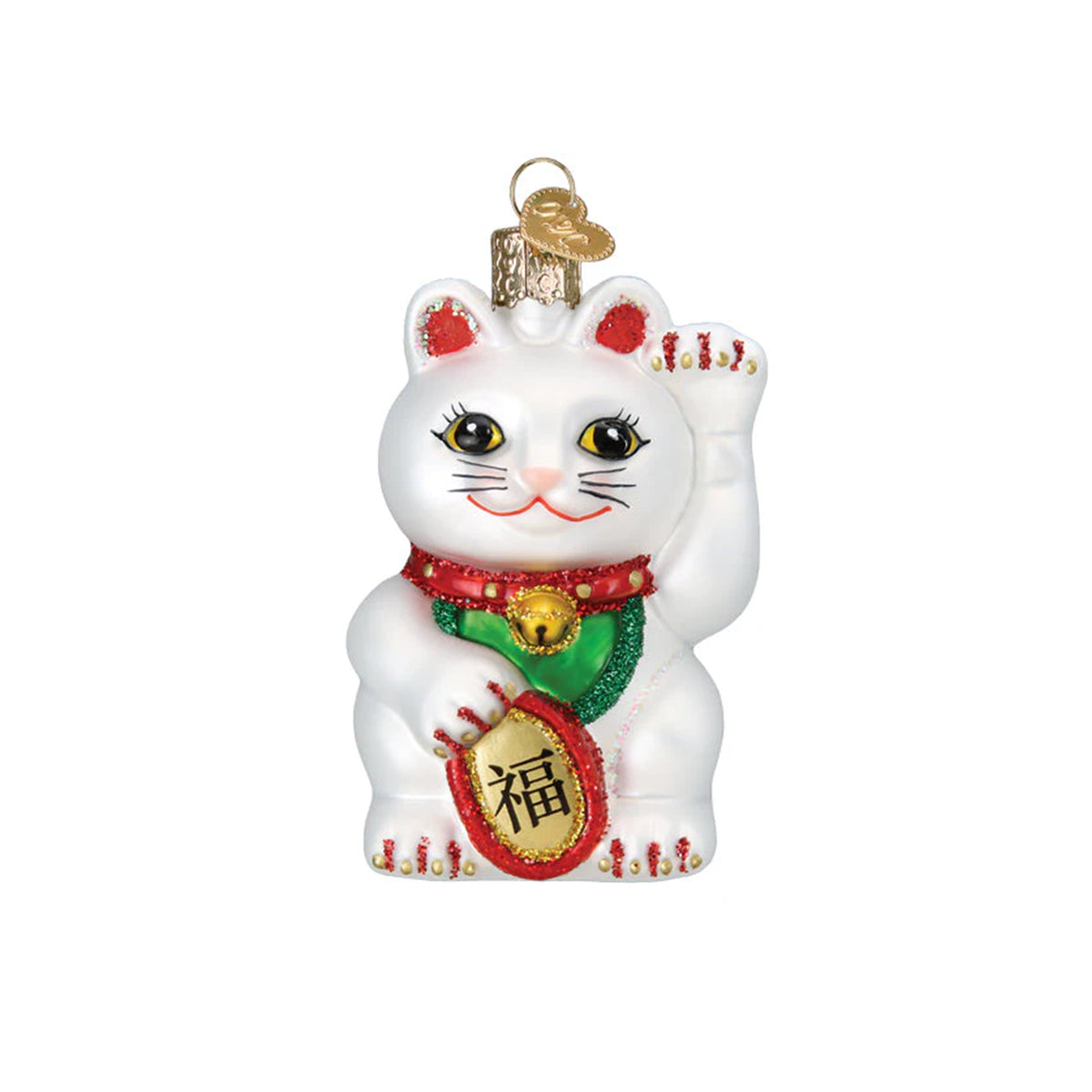Decorative Chinese lucky cat ornament with red collar and gold accents on a white background