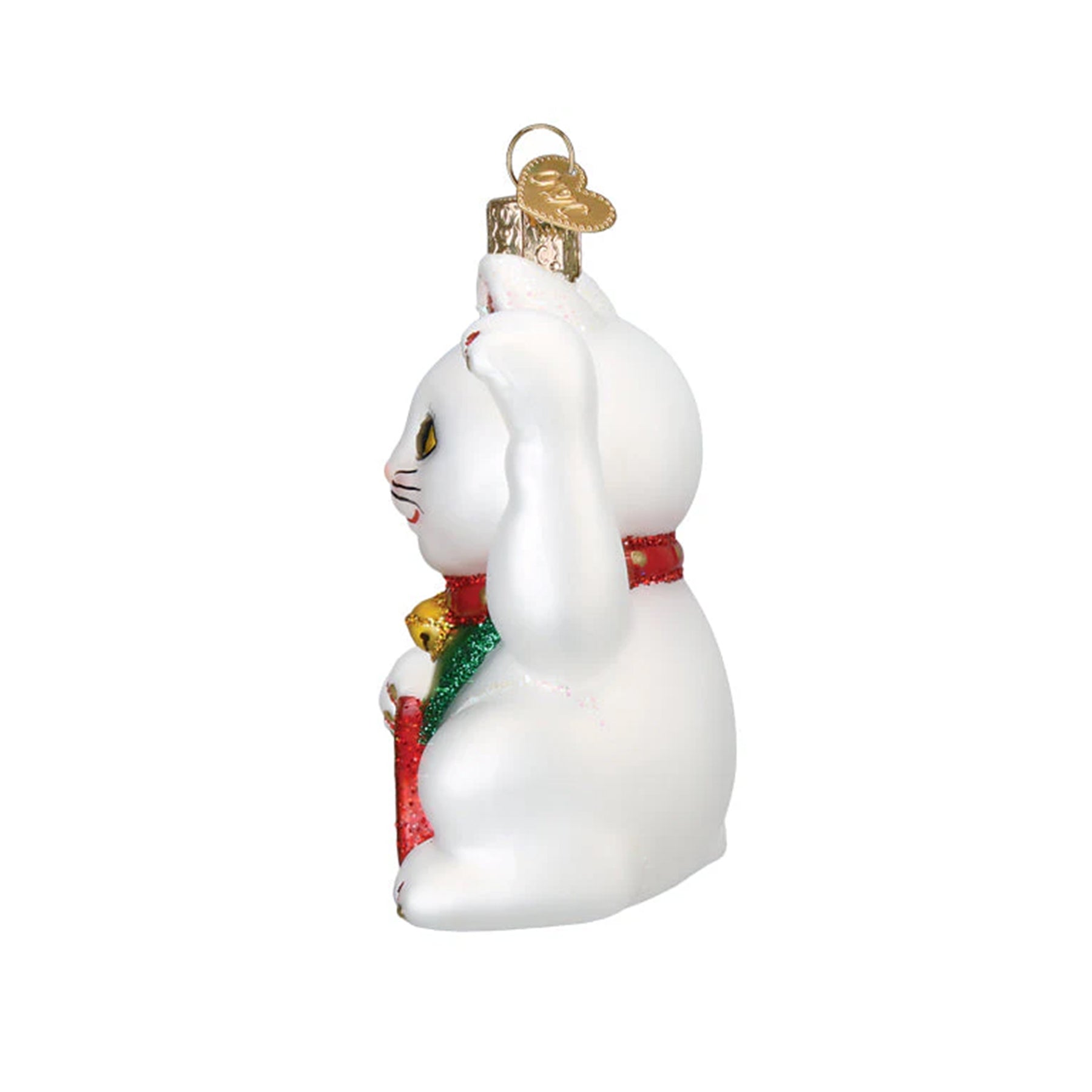 Decorative Chinese lucky cat ornament with red collar and gold accents on a white background