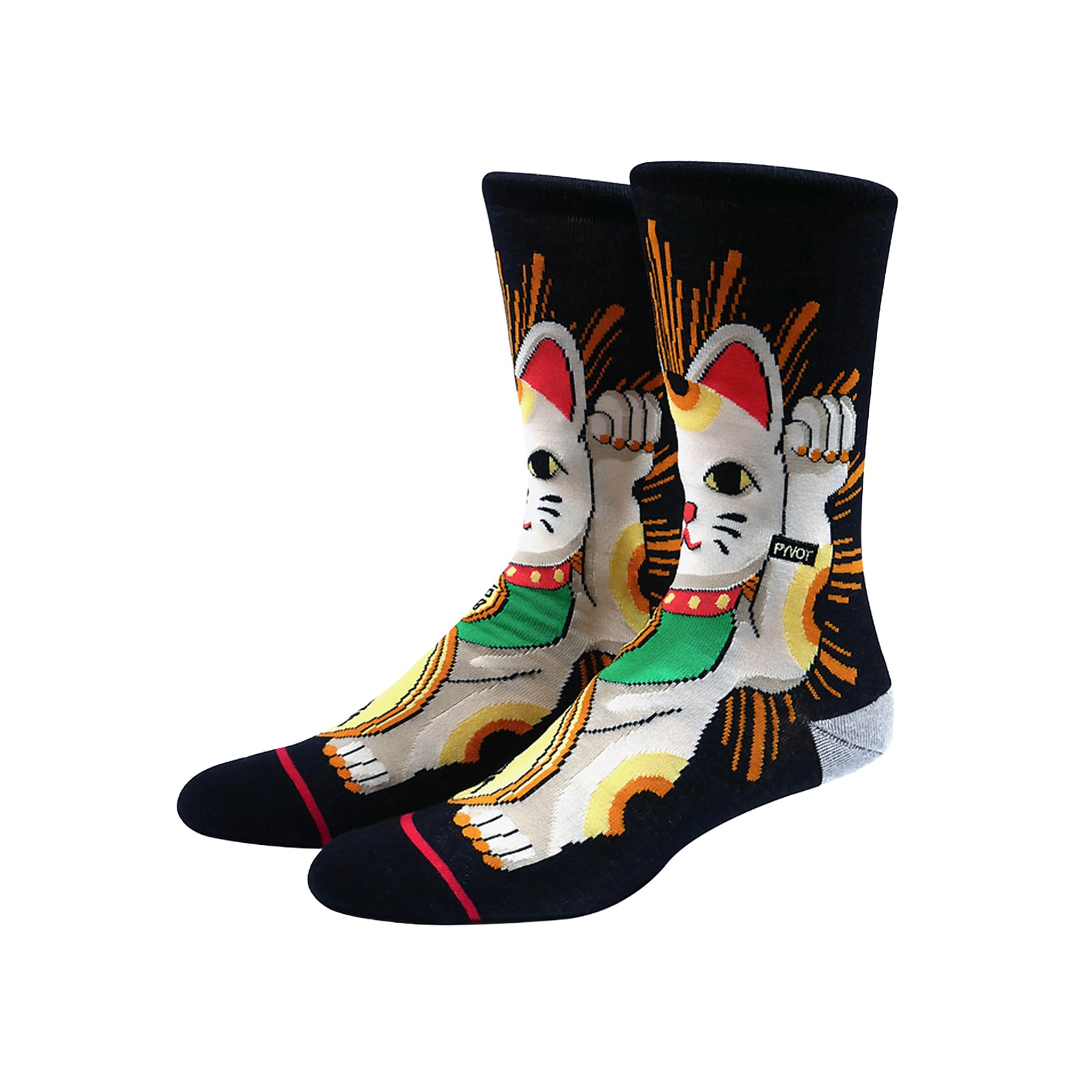 Socks with a design of a cat in a kimono on a white background
