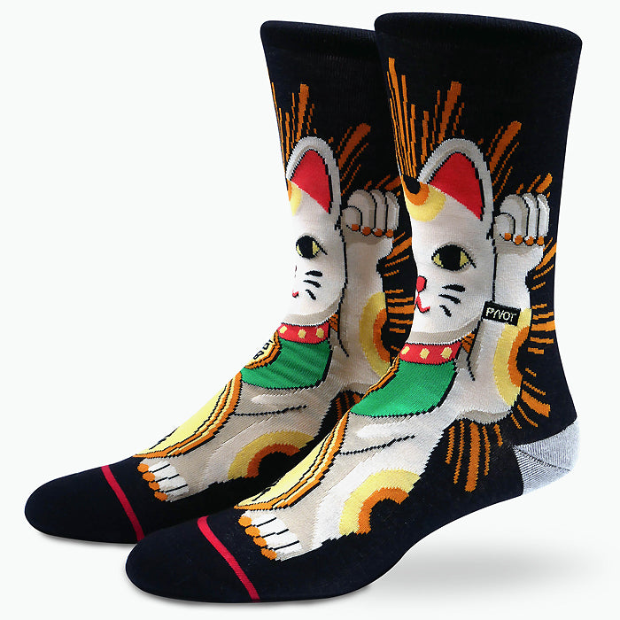 These Lucky Cat Socks are stylish socks that will bring good fortune and charm to your day. They are made of a premium blend of naturally breathable combed cotton that is mixed with nano-silver to eliminate odor-causing bacteria and wick moisture away. One size fits most: men's 7 - 12 and women's 6 - 10.