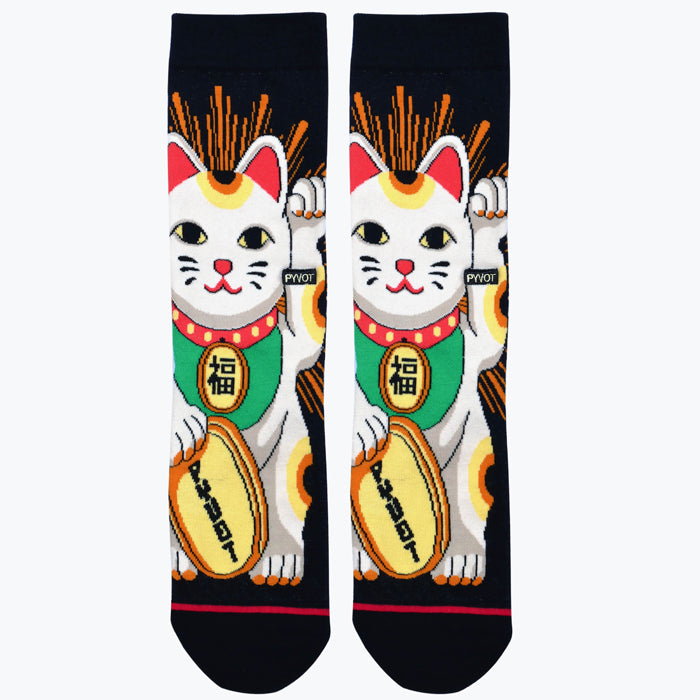 These Lucky Cat Socks are stylish socks that will bring good fortune and charm to your day. They are made of a premium blend of naturally breathable combed cotton that is mixed with nano-silver to eliminate odor-causing bacteria and wick moisture away. One size fits most: men's 7 - 12 and women's 6 - 10.