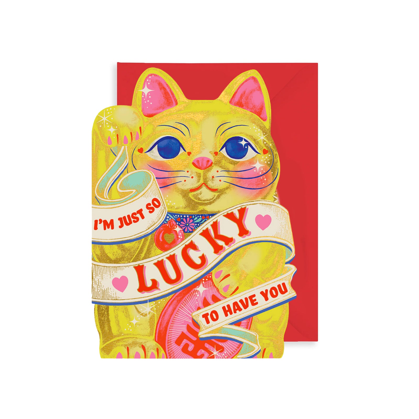 Colorful Asian style lucky cat note card with text on a red background