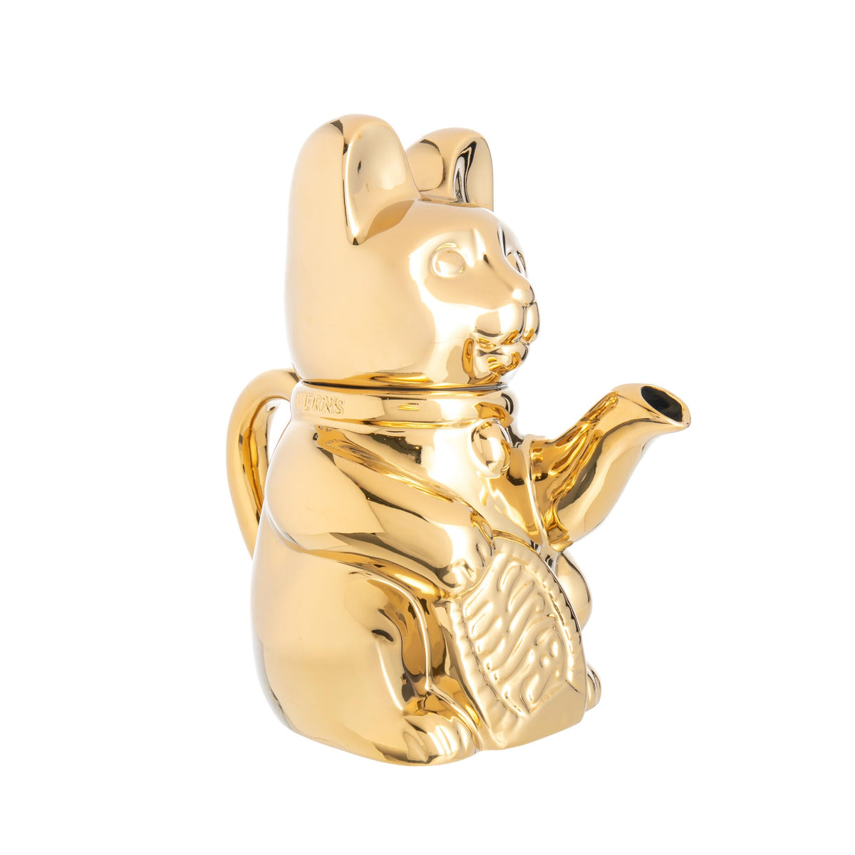 Teapot shaped like a traditional Japanese 'Lucky Cat in metallic gold on a white background.