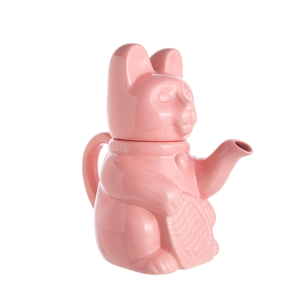 Teapot shaped like a traditional Japanese 'Lucky Cat in pink on a white background.