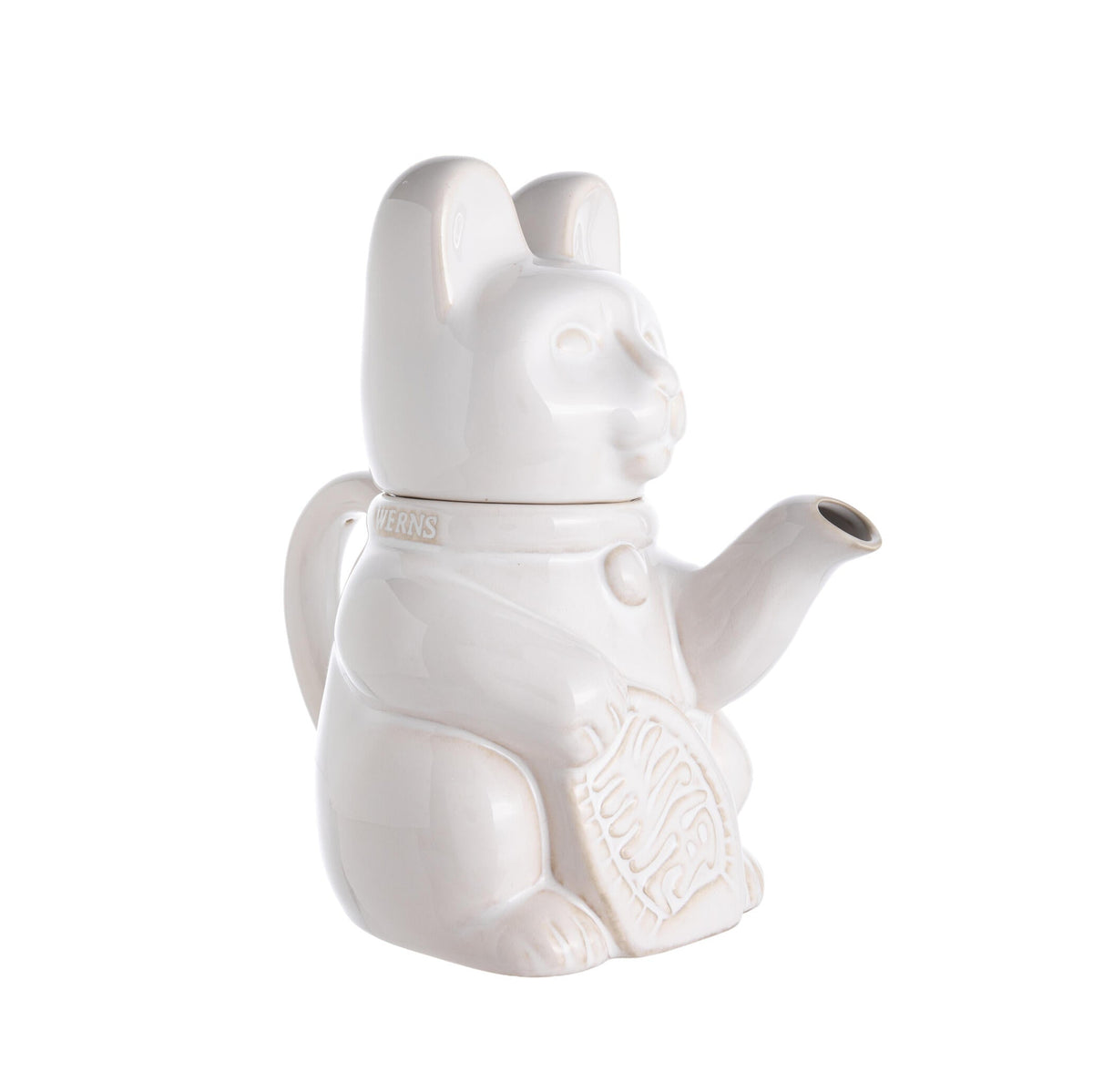 Teapot shaped like a traditional Japanese 'Lucky Cat in white on a white background.