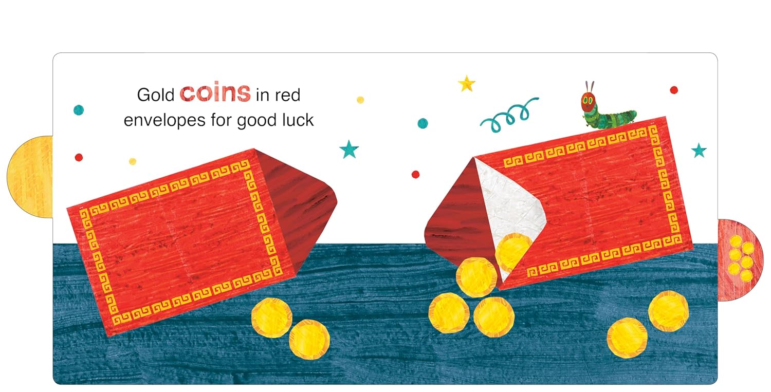 Book cover of 'Lunar New Year with The Very Hungry Caterpillar' featuring colorful illustrations on a white background.