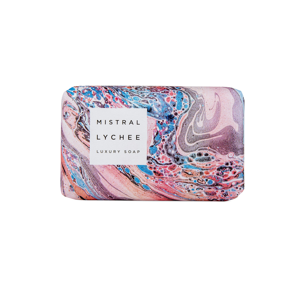 Marbled soap bar with 'Mistral Lychee' label on a white background