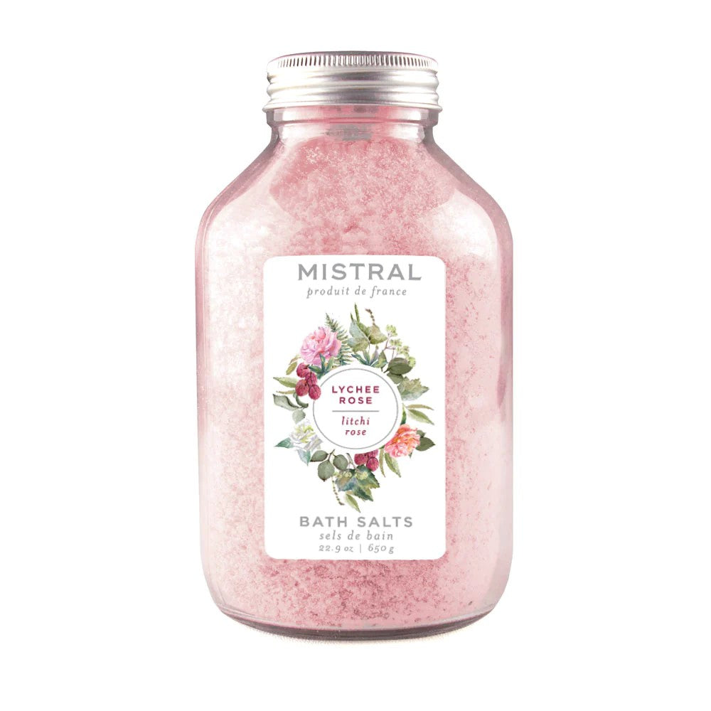 The lychee fruit intermingles with white rose, warm woods, sensual amber, and white musk to create a delightful scent. Mediterranean Sea Salts revitalize tired muscles and relieve the symptoms of skin disorders such as psoriasis, rheumatologic conditions such as arthritis, back pain and insomnia. 22.9 oz glass bottle.