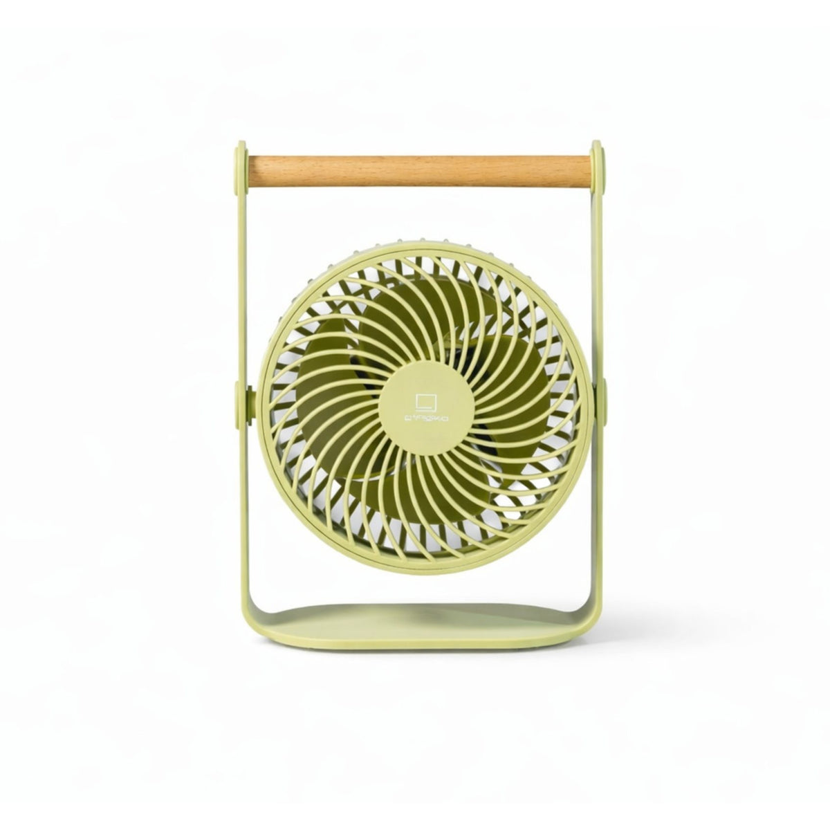 A portable desk fan in sage green with a light wood handle, shown against a plain white background.