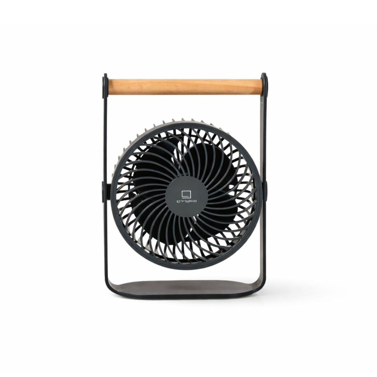 A portable electric fan with a black metal frame, black fan blades, a light wood handle, and a black base, shown against a plain white background.