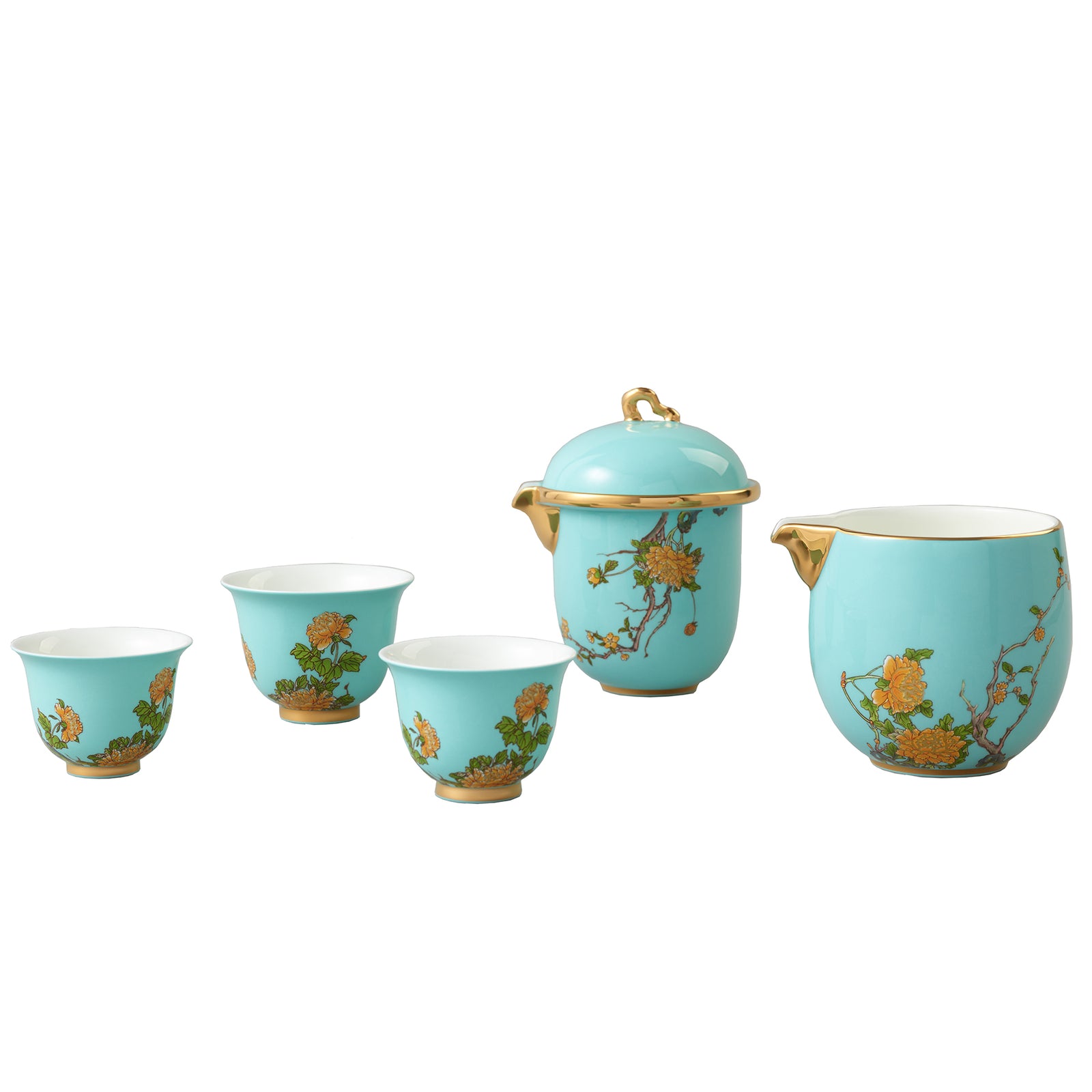 Inspired by the beautiful landscape of the West Lake in Hangzhou, China, this stunning six-piece teacup set is made from highly refined, premium, chip-resistant porcelain and is decorated with traditional Peony blooms on a glossy azure-blue base, accented with luxurious gold metallic. This set contains a lidded teapot, strainer cup, three teacups, and a travel case, allowing you to enjoy your favorite tea elegantly and perfectly infused at home or on the go.