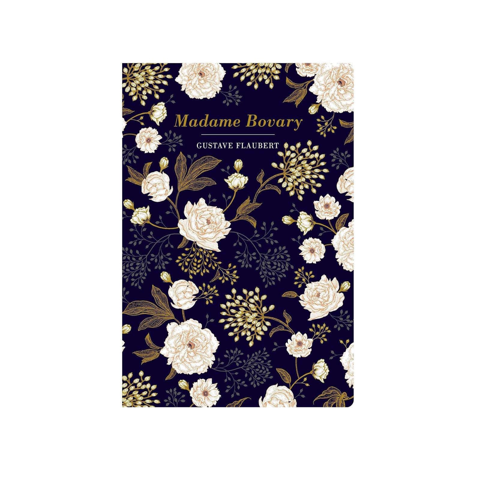 Book cover of 'Madame Bovary' with floral design on a dark background