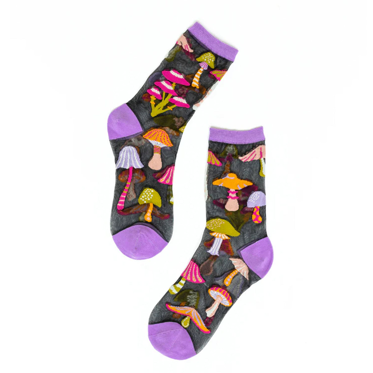 Colorful mushroom-patterned socks with purple toes and heels on a white background