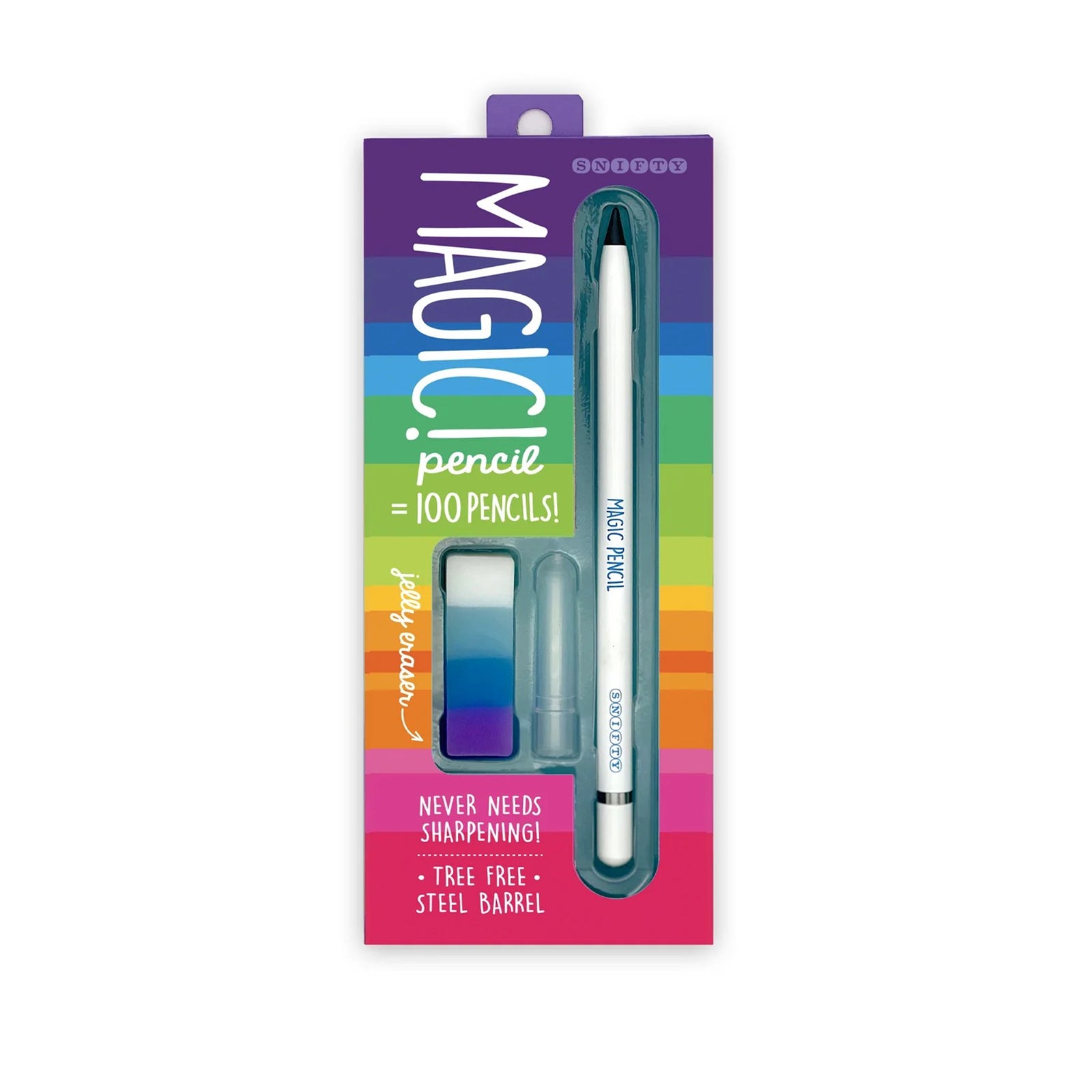 This magic pencil with jelly eraser set is magical, as it never needs sharpening! The pencil's compressed graphite tip equals 100 pencils, and comes with 2 extra tips as well as a red, pink, and yellow jelly eraser. The set is also earth-friendly! Graphite tip 2 extra tips included Dimensions: approx. 6" length