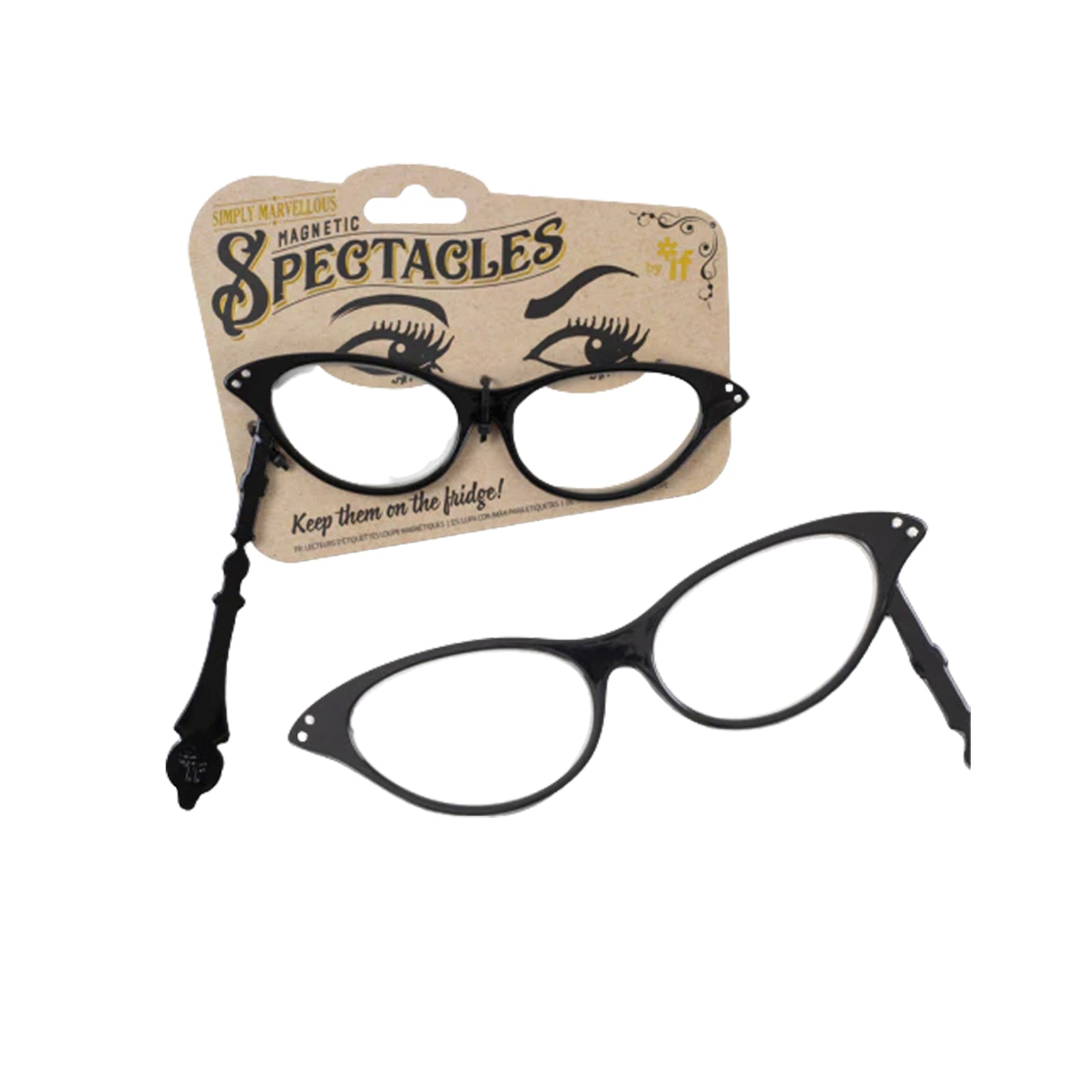 Black eyeglasses with packaging labeled 'Magnetic Spectacles' on a white background