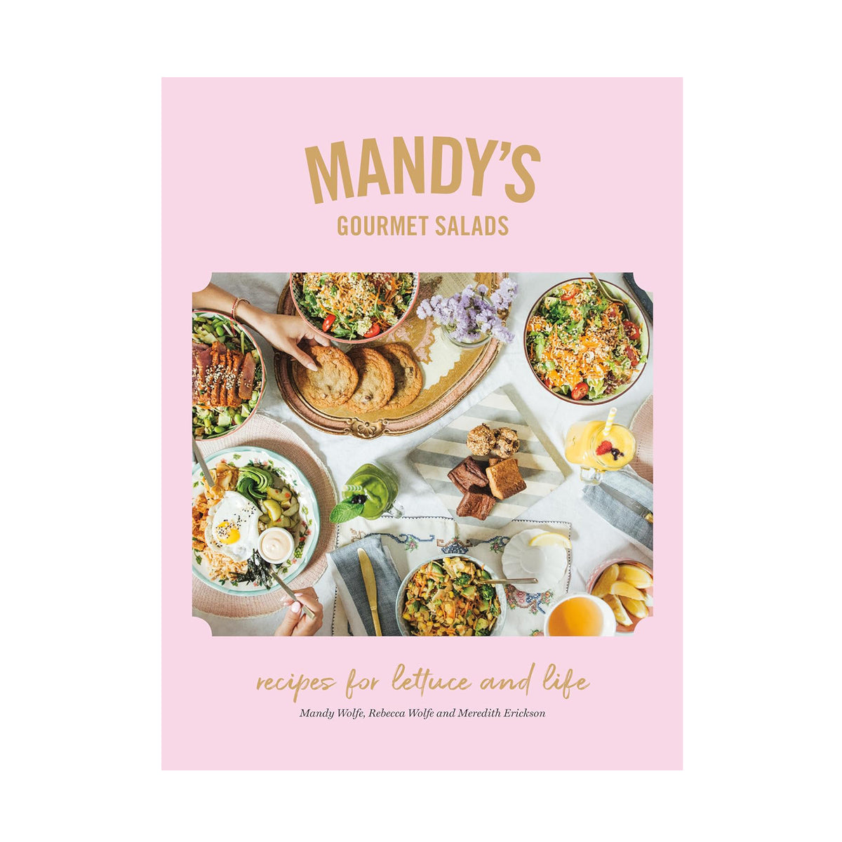 Cookbook titled 'Mandy's Gourmet Salads' with images of salads on a pink background
