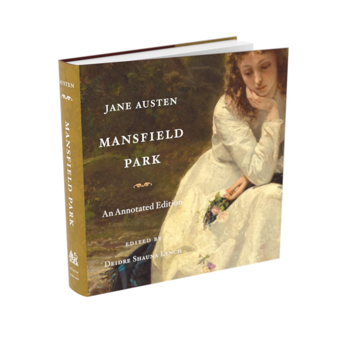 Book titled 'Mansfield Park' by Jane Austen with a cover featuring a woman in a white dress.