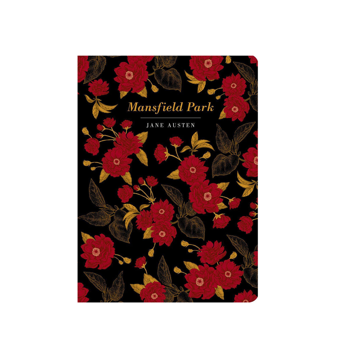 Cover of the book Mansfield Park by Jane Austen. The cover has a black base with red and gold embossed flowers, on a white background.