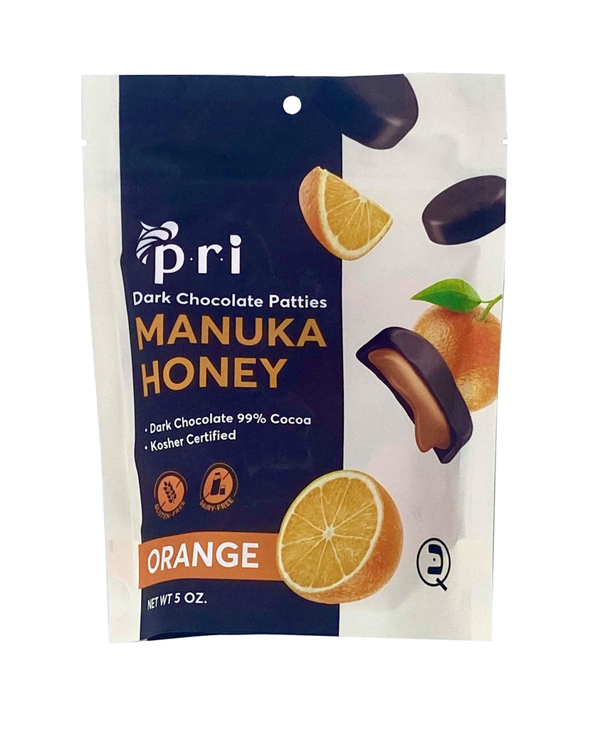The zesty orange tang with smooth dark chocolate brings back memories as this classic combo of flavors melt in your mouth. Combining award winning dark chocolate, and the finest New Zealand Manuka Honey MGO 60+. Ingredients: Manuka/Honey, 99% cocoa Dark Chocolate, Orange Oil Kosher certified Gluten and dairy free. 5oz.