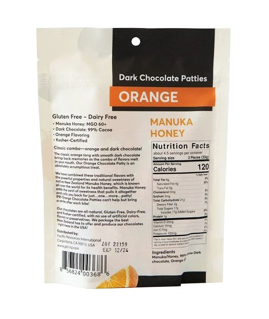 The zesty orange tang with smooth dark chocolate brings back memories as this classic combo of flavors melt in your mouth. Combining award winning dark chocolate, and the finest New Zealand Manuka Honey MGO 60+. Ingredients: Manuka/Honey, 99% cocoa Dark Chocolate, Orange Oil Kosher certified Gluten and dairy free. 5oz.