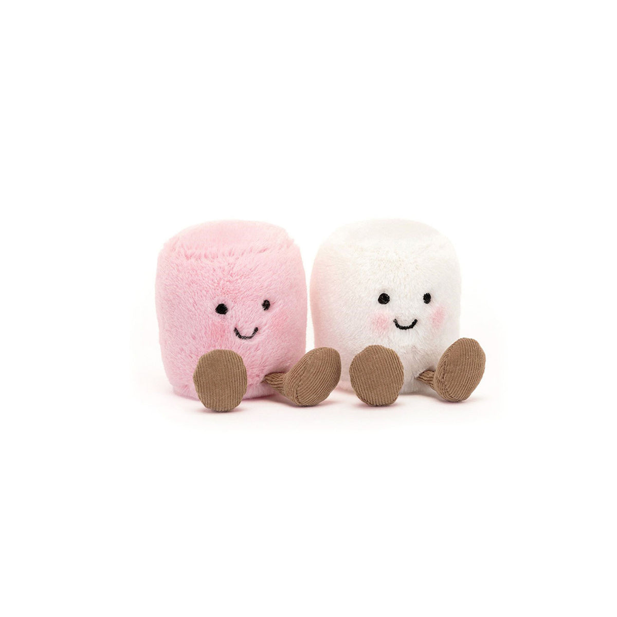 Two small plush Jellycat Amuseables marshmallow toys side by side on a white background. One is light pink with a black embroidered smiley face, and the other is white with a black embroidered smiley face and pink cheeks.