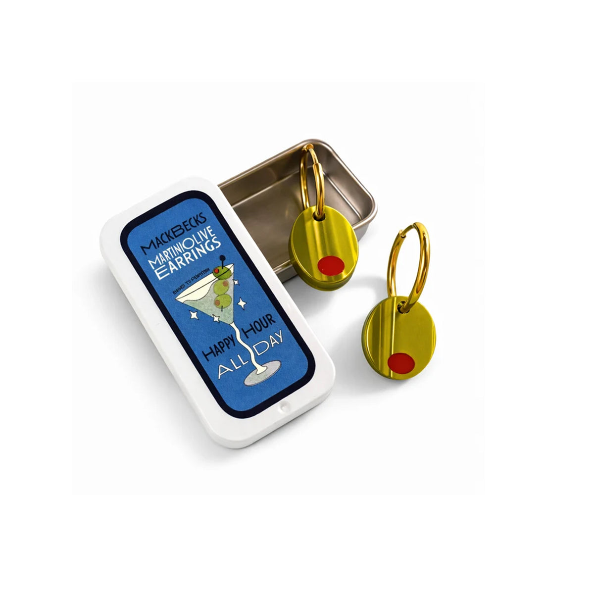 A pair of olive-shaped gold earrings with red pips and gold ear loops, displayed next to their white and blue illustrated gift box on a white background.