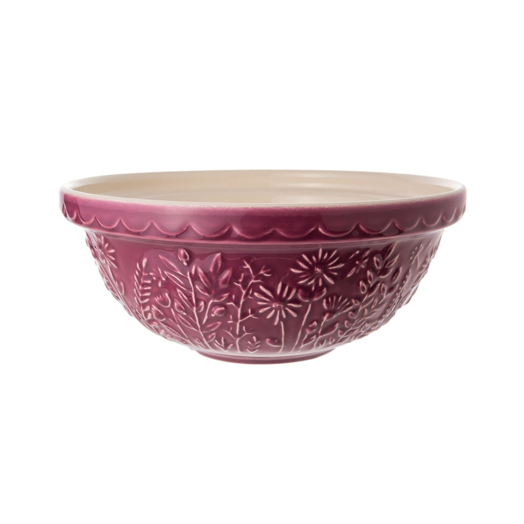 Mixing bowl embossed with florals and foliage, with a beautiful color palette. Made from earthenware, the mixing bowl is light enough to hold in one arm while mixing, but sturdy enough when using on the countertop. Measures 11" diameter x 5" height. Capacity: 34 fl oz. Chip resistant. Microwave & dishwasher safe.