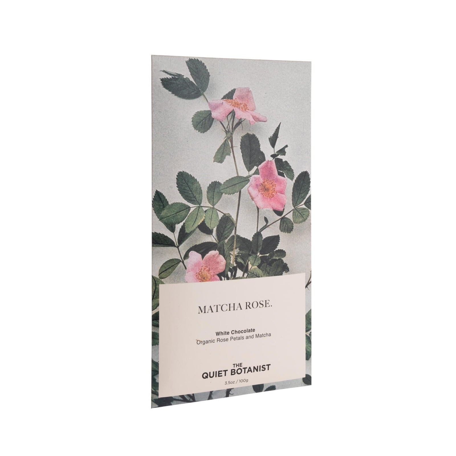 Matcha rose flavor chocolate in rose print packaging with floral design and text on a white background