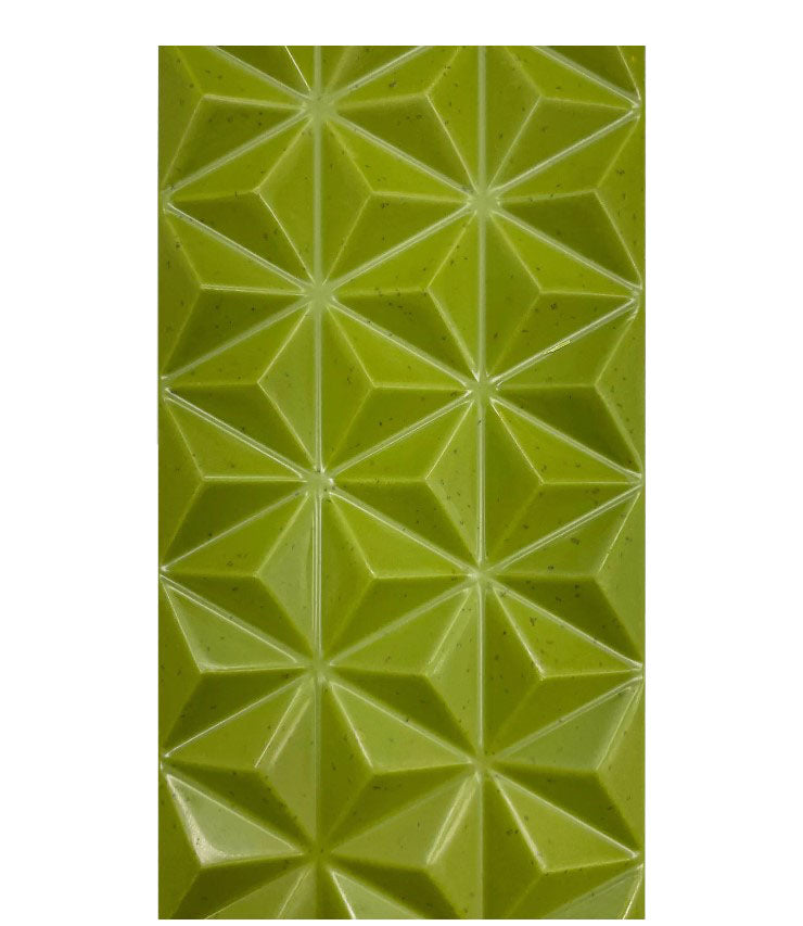 Chocolate packaging with geometric design and brand name on a white background