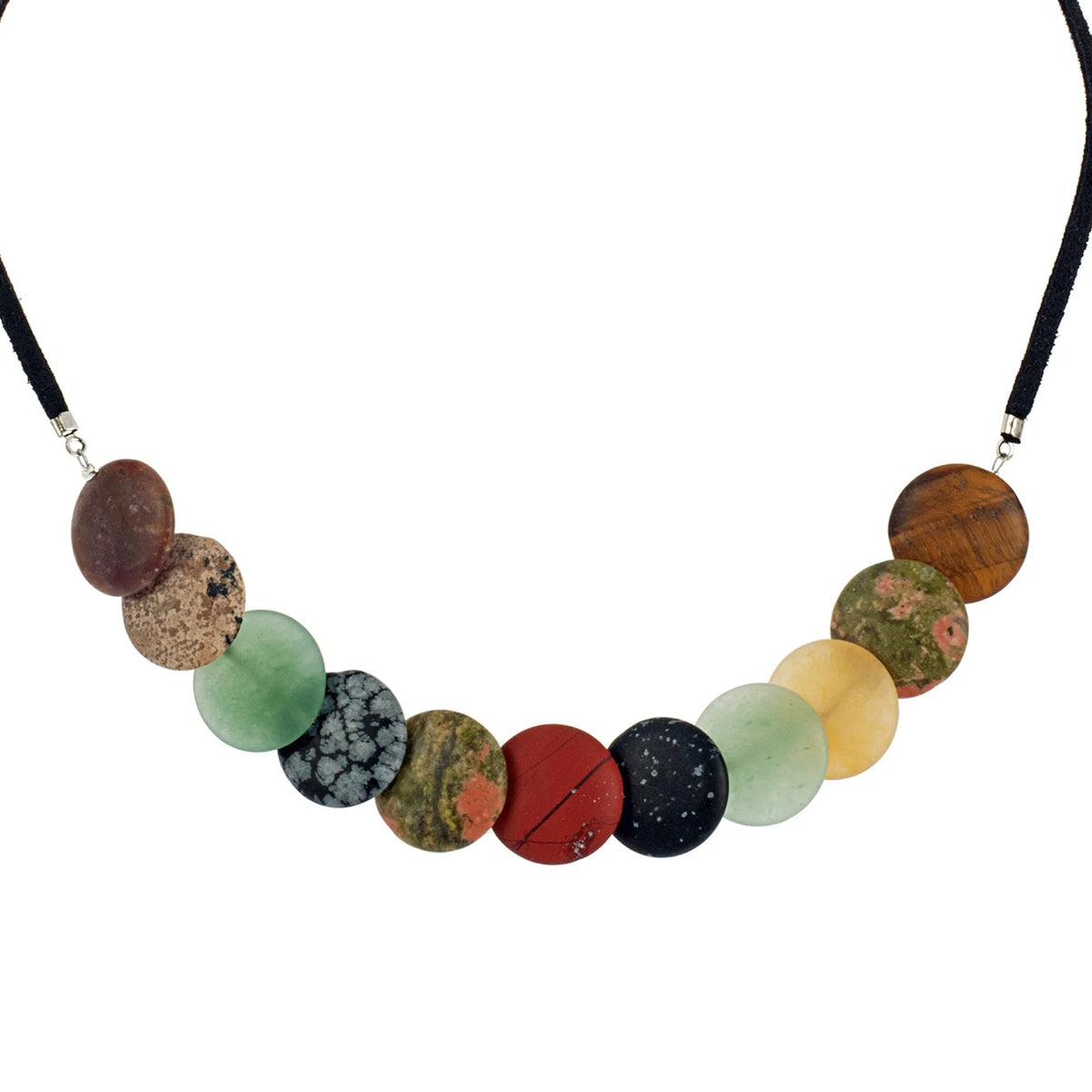Necklace with multicolored stone beads on a black cord against a white background