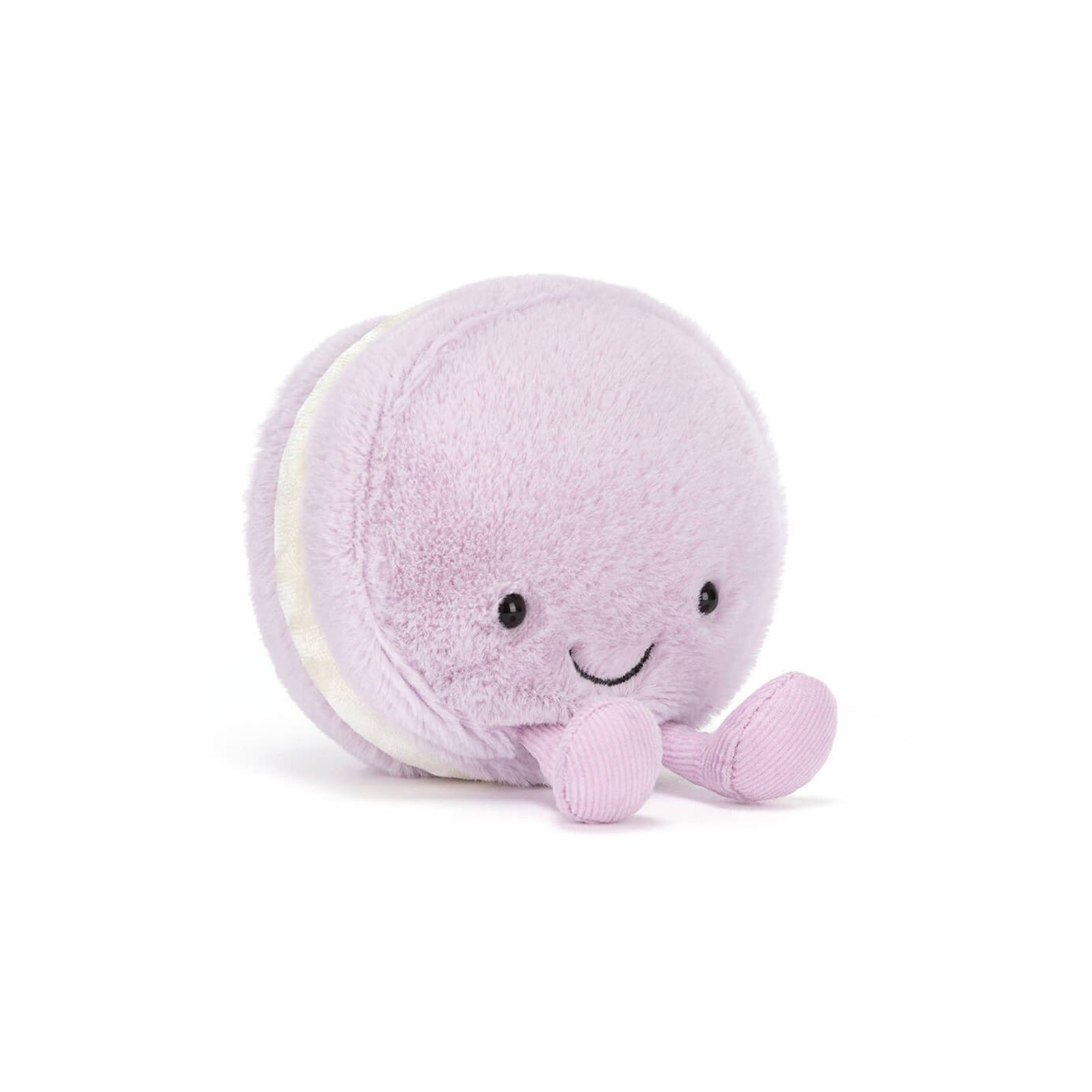 A cute, soft plush Jellycat Amuseables May Macaron toy in pastel lavender purple with a cream-colored filling and embroidered facial features, sitting on a clean white background.