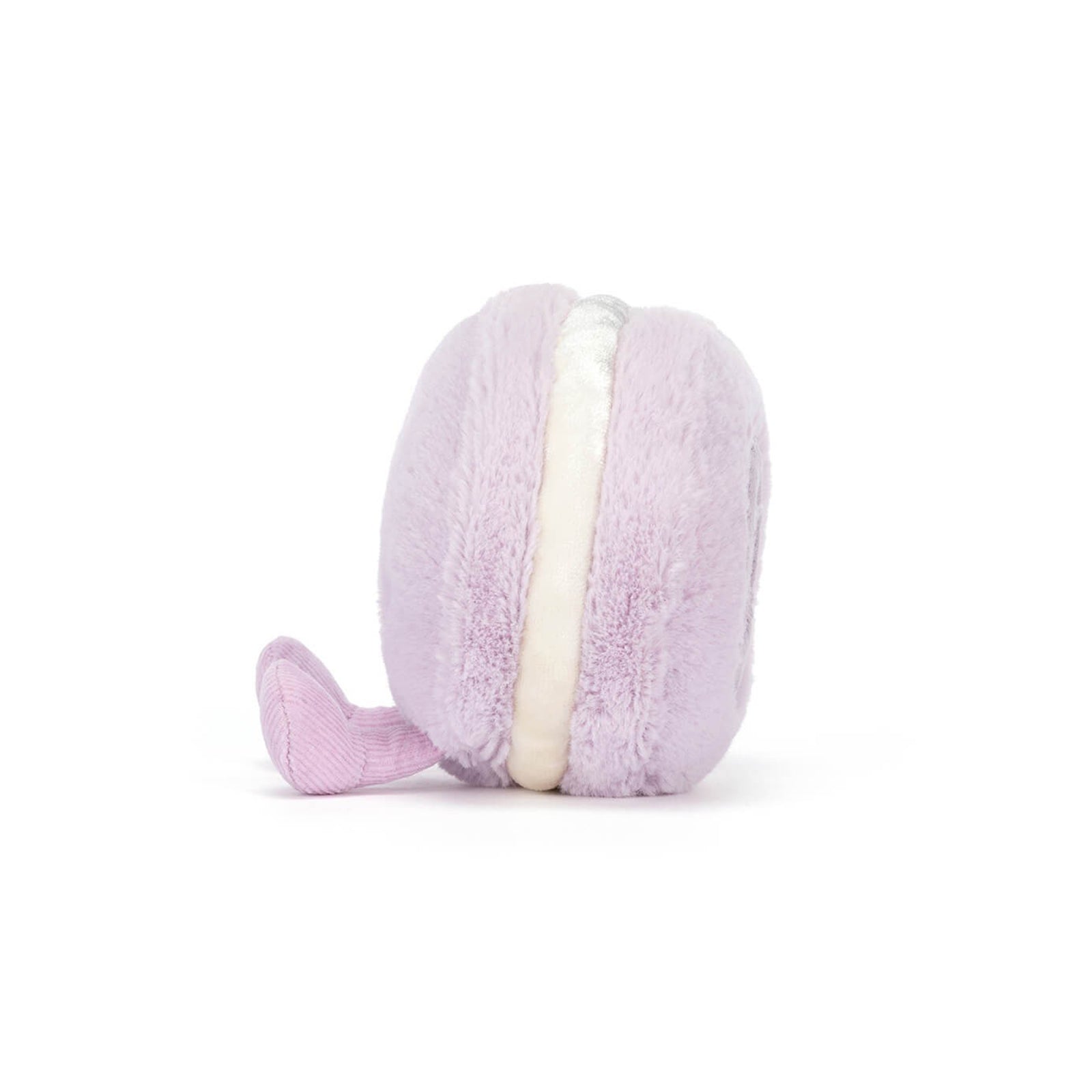 A cute, soft plush Jellycat Amuseables May Macaron toy in pastel lavender purple with a cream-colored filling and embroidered facial features, sitting on a clean white background.