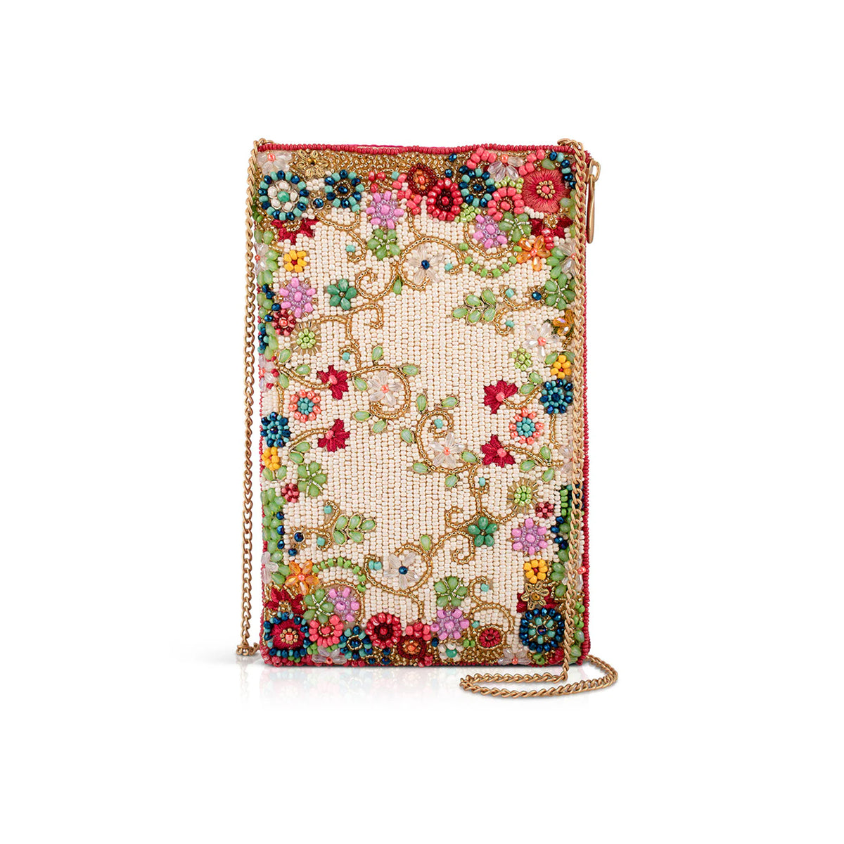 Beaded purse with colorful flower design and a gold tone metal chain strap on a white background. 