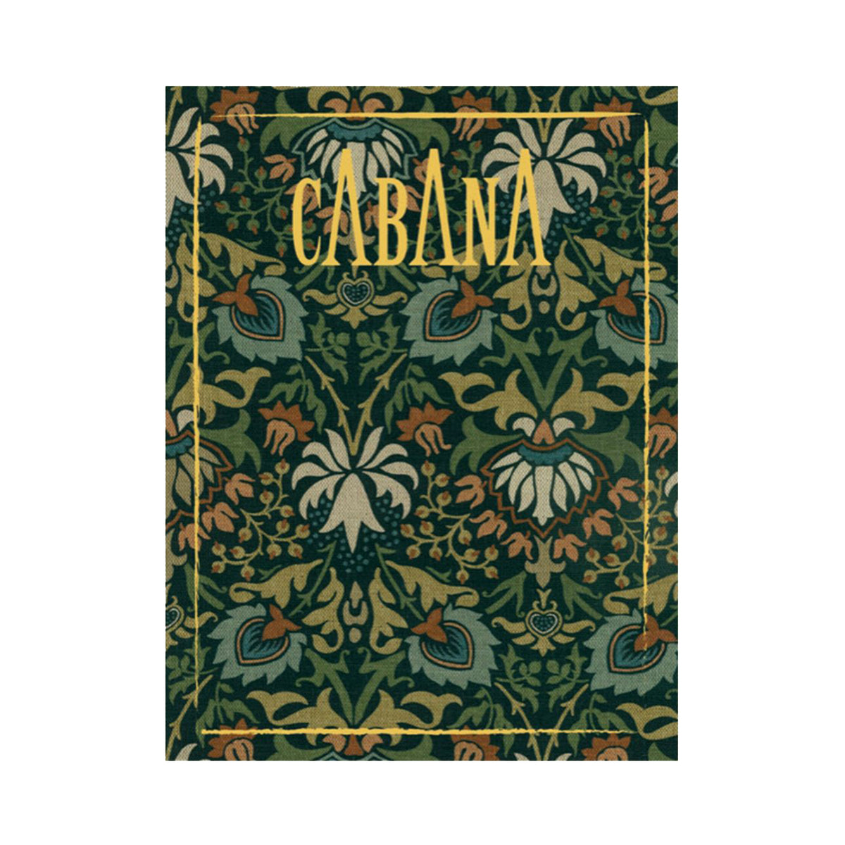 Magazine covered with a floral patterned fabric print from The Unfinished Works, Morris &amp; Co. x The Huntington collection, with &#39;Cabana&#39; branding on a white background