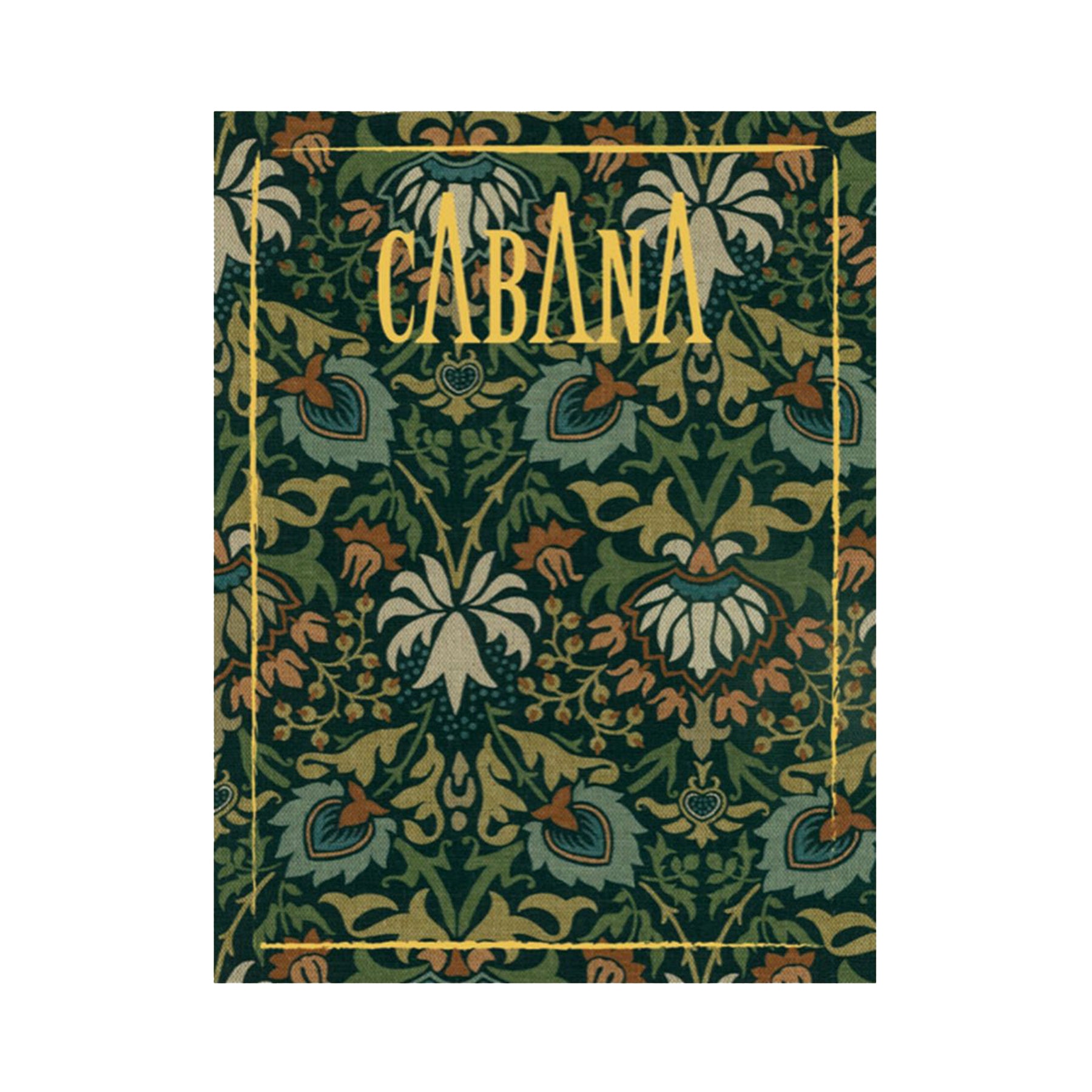 Magazine covered with a floral patterned fabric print from The Unfinished Works, Morris & Co. x The Huntington collection, with 'Cabana' branding on a white background