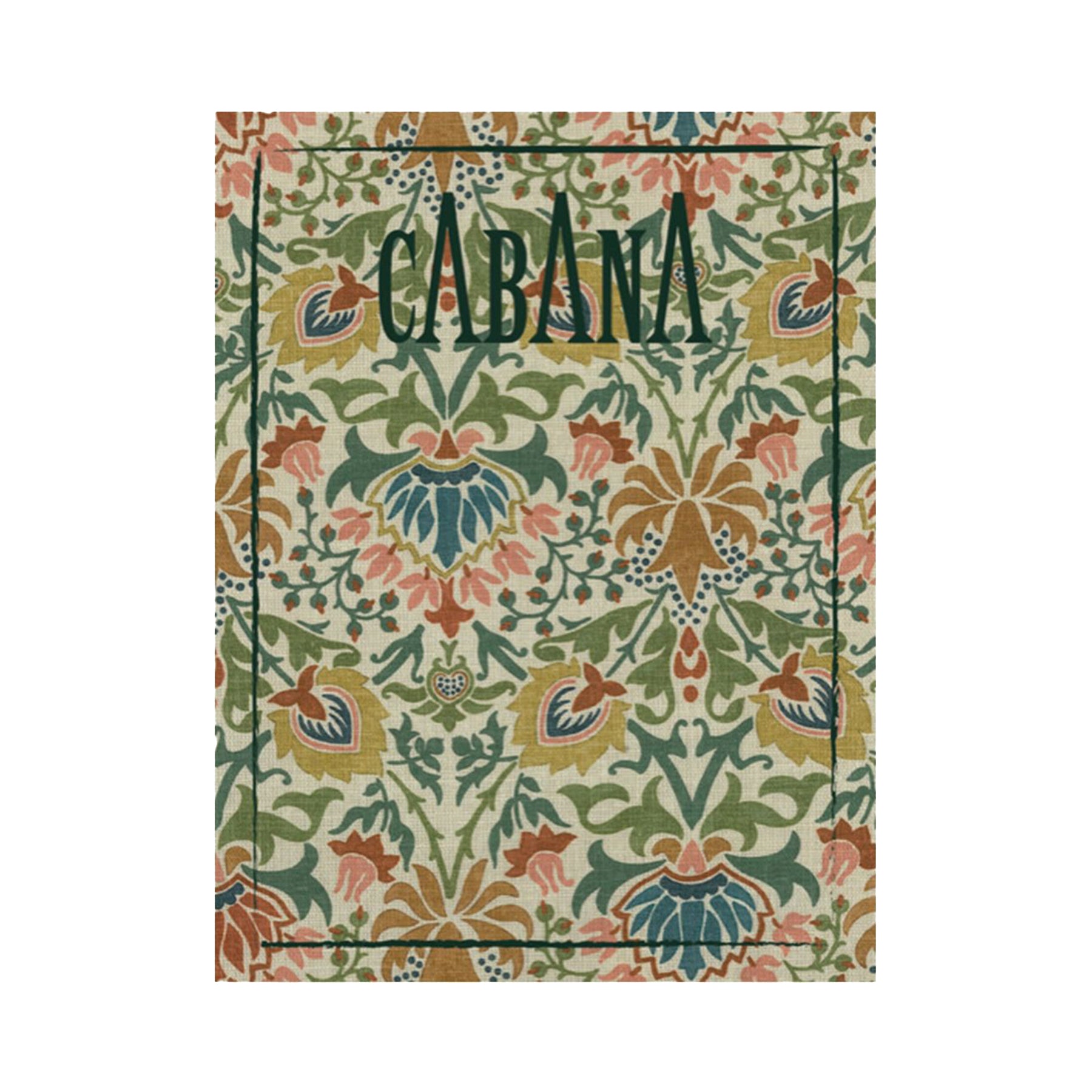 Magazine covered with a floral patterned fabric print from The Unfinished Works, Morris & Co. x The Huntington collection, with 'Cabana' branding on a white background