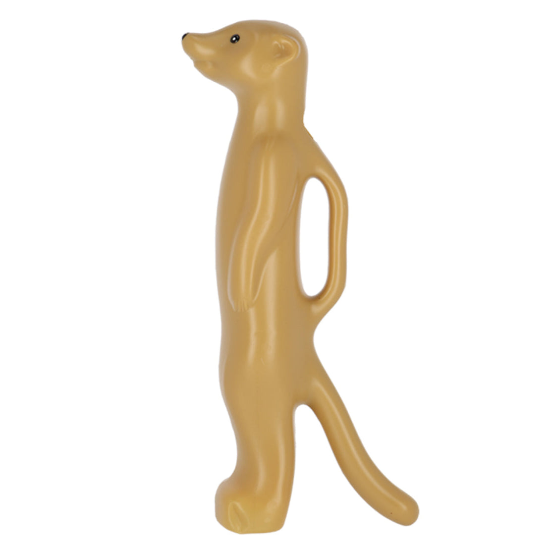 A tan colored watering can shaped like a meerkat on a white background