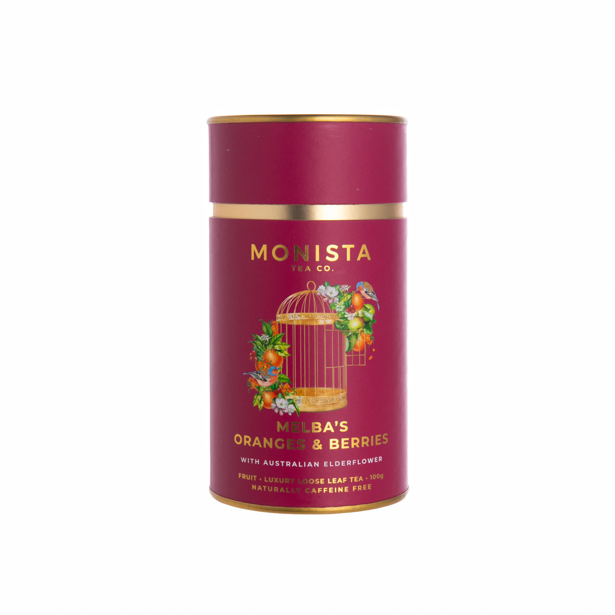 Red tea canister with gold lid featuring Monista branding and birdcage design on a white background