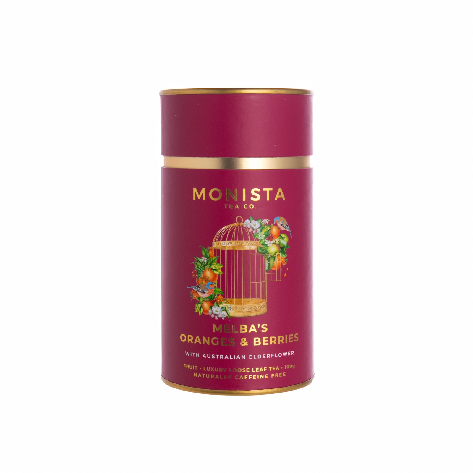 Red tea canister with gold lid featuring Monista branding and birdcage design on a white background