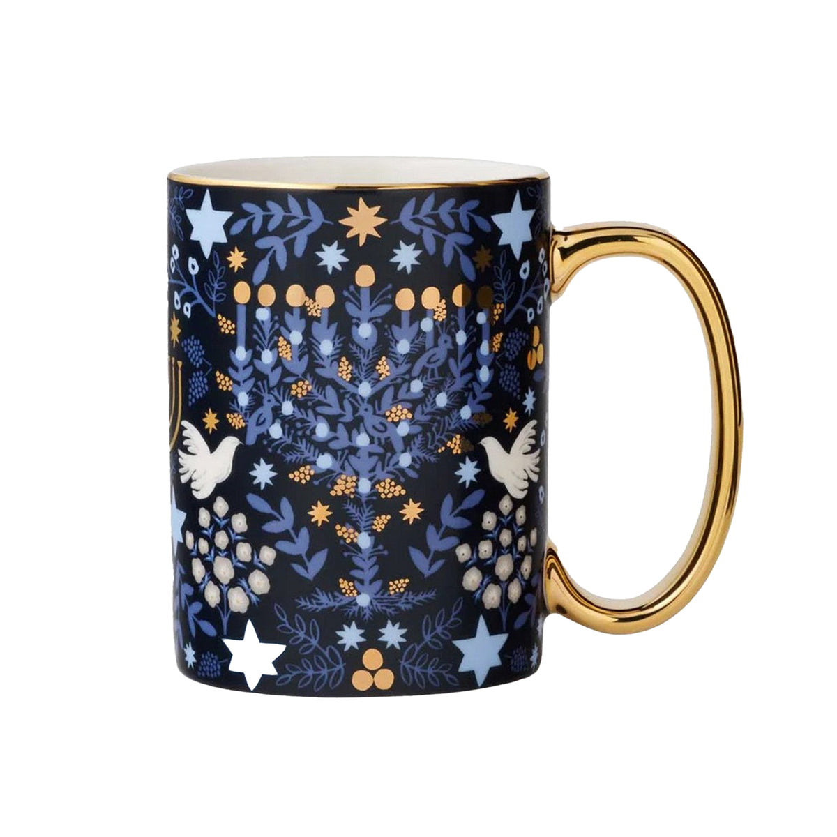 Decorative mug with gold handle featuring star, menorah,  bird, and floral pattern on a white background