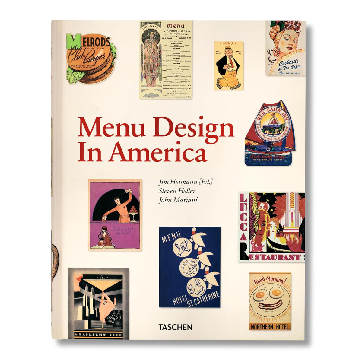 Book cover of &#39;Menu Design In America&#39; with vintage menu designs on a beige background