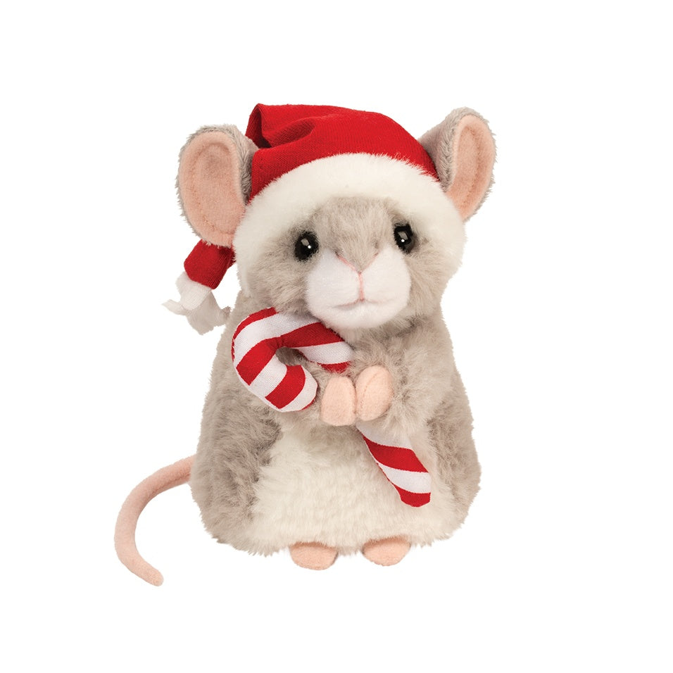 Plush toy mouse in a Santa hat holding a candy cane on a white background