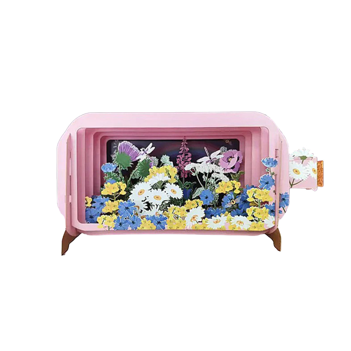 Pink and floral 'message in a bottle' pop-up note card on a white background