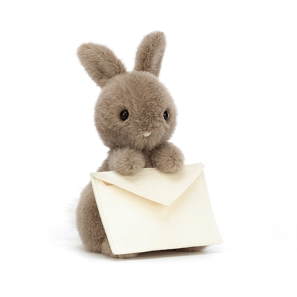 Messenger Bunny has something especially for you – a suedette envelope with a card inside! With mocha fold ears, a neat round head and a tufty cream tail, this bunny is one intrepid postie! A quirky way to send a loving personal message. Dimensions: 7" x 5".