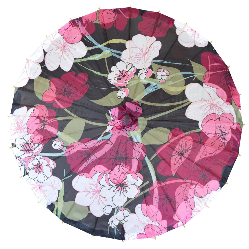 This pretty midnight cherry blossom parasol is not only great for blocking the sun, but also offers a beautiful and fun way to dress up any wedding, birthday, special event or prom outfit. Built from silk nylon, this parasol can also be hung upside-down as a striking decoration piece. Length when closed: 25.5".