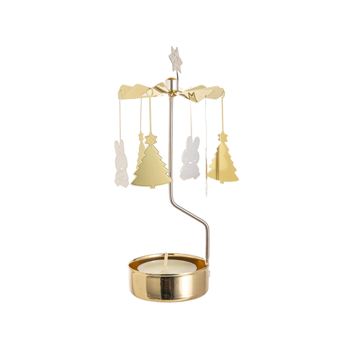 Miffy, Christmas-themed angel chime candle holder in gold and silver metal on a white background.
