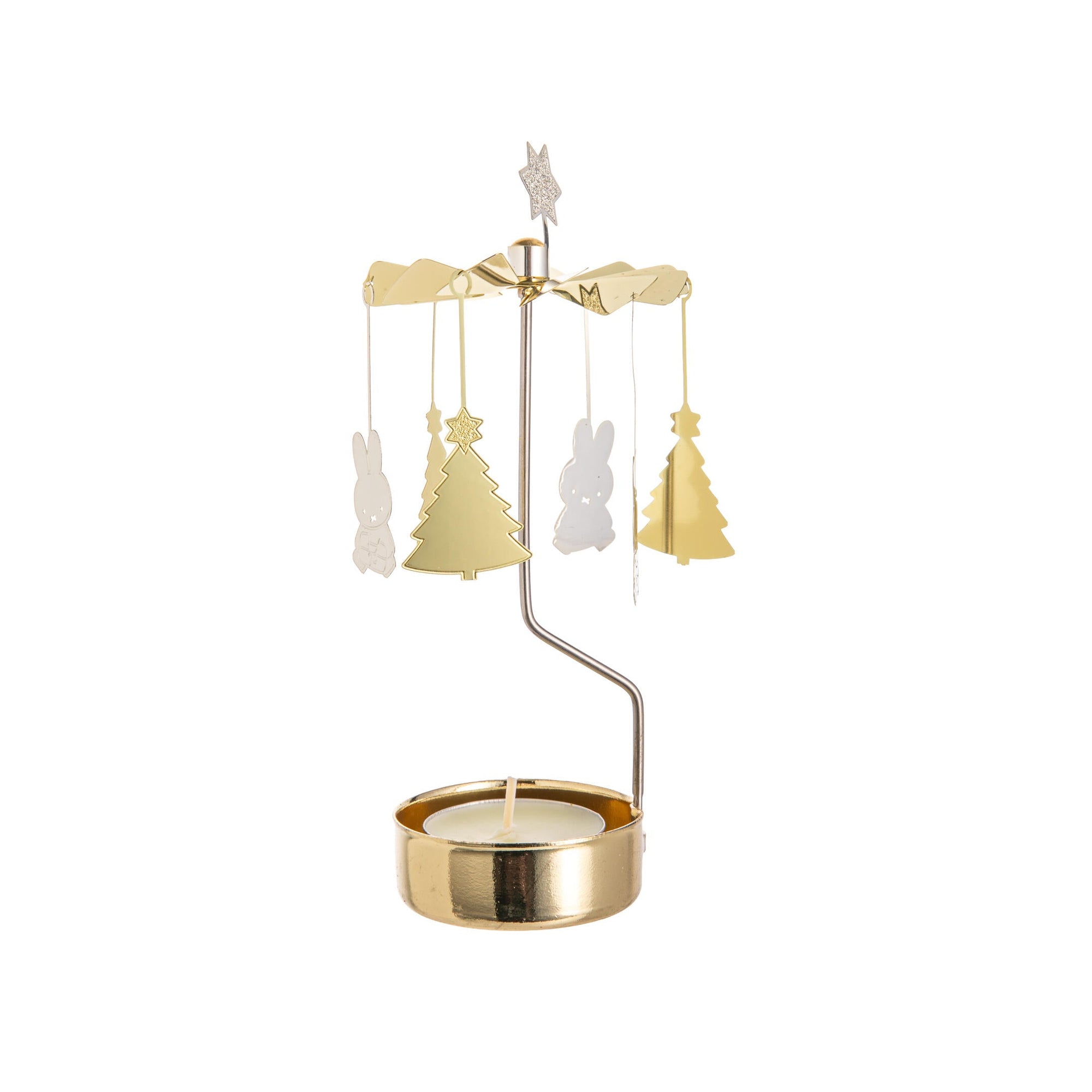 Miffy, Christmas-themed angel chime candle holder in gold and silver metal on a white background.