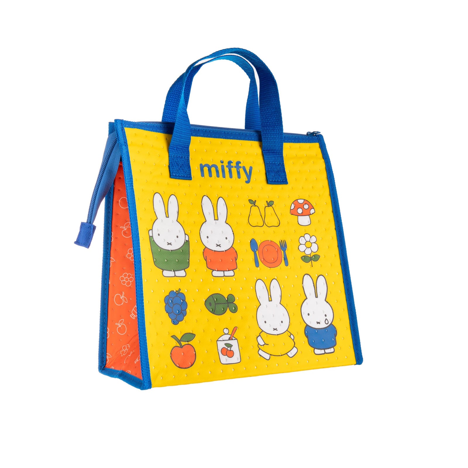 Yellow tote bag with blue handles featuring cartoon characters and the word 'miffy' on a white background.