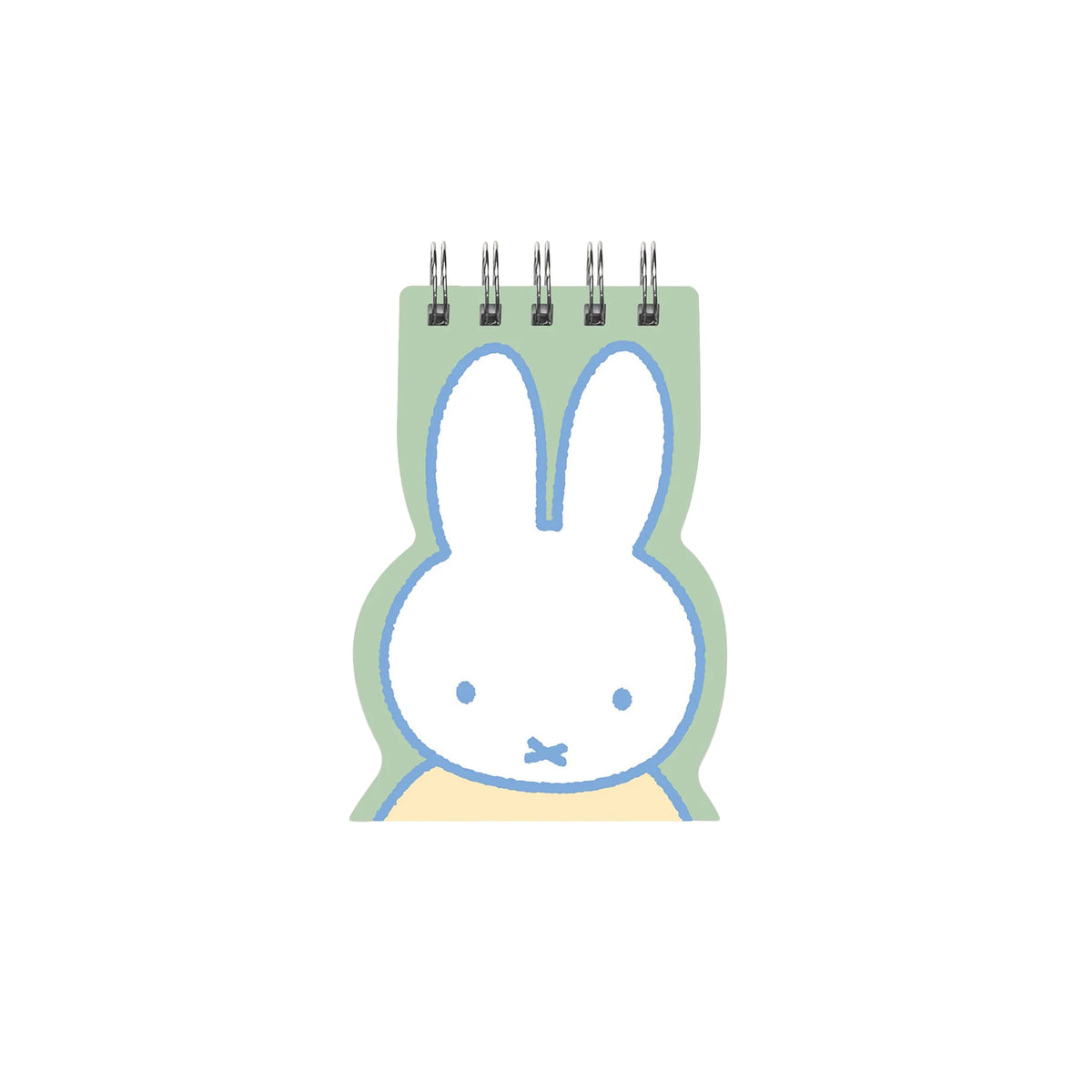 A small spiral-bound notepad featuring the Dick Bruna character, Miffy,  in white with blue outlines and a pale green border, shown on a plain white background.